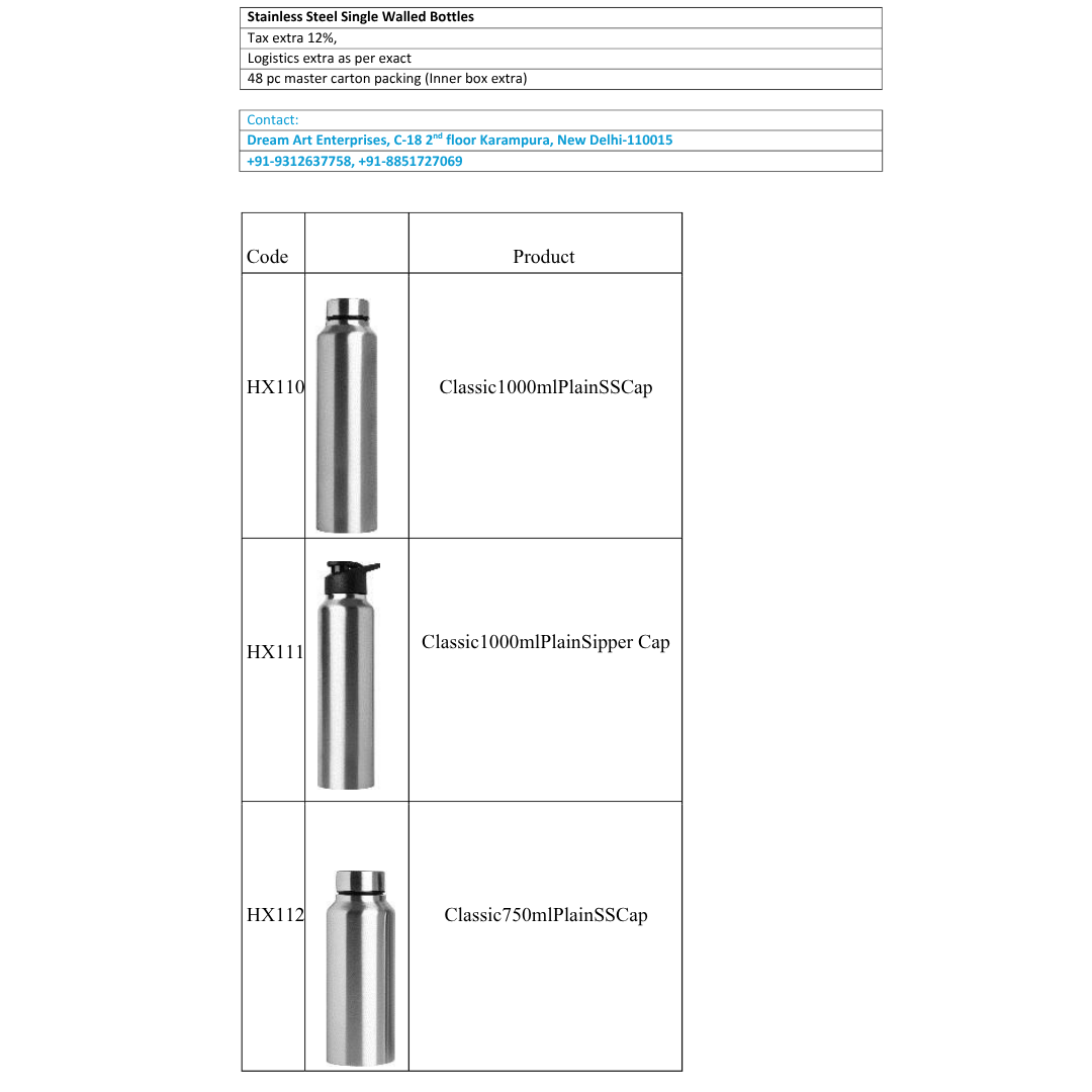 Stainless Steel Single Walled Bottles